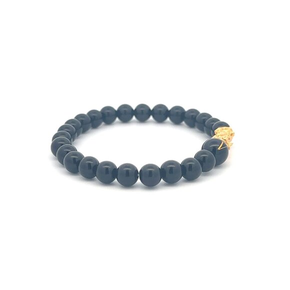 18K Gold Pixiu Piyao Bracelet Gemstones Onyx 6mm Elastic Bracelet Letter V - Picture 4 of 6